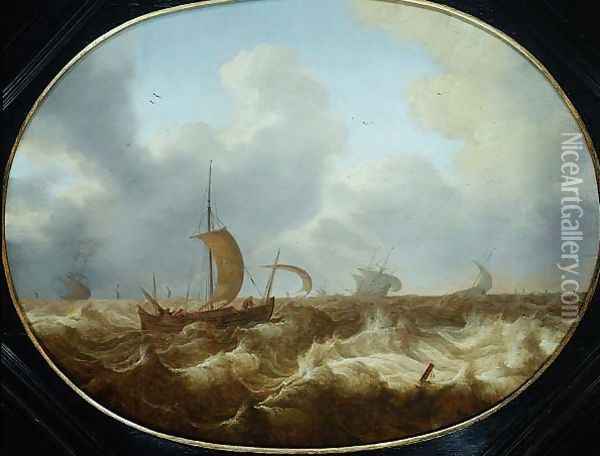 Fishing boats and other vessels in a stormy sea Oil Painting - Cornelis Stooter