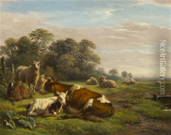 Cattle And Sheep In Meadow Oil Painting - Frans Lebret