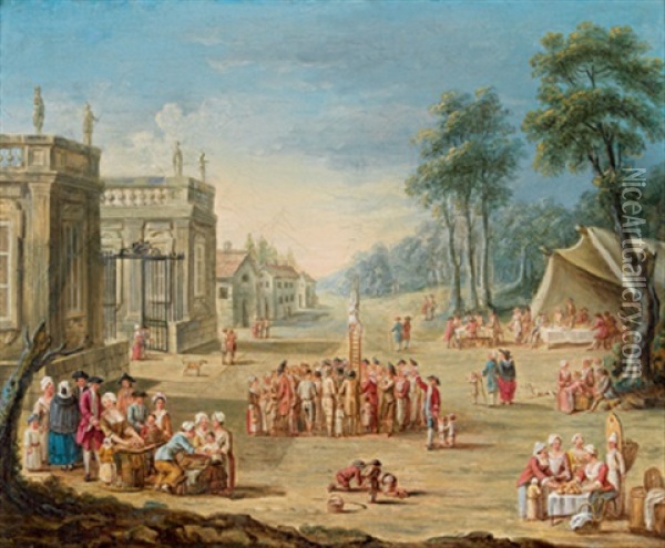 Ein Dorffest Mit Gauklern Vor Dem Ehrenhof Eines Landsitzes, Im Hintergrund Eine Dorfkulisse Oil Painting - Jean Marieige