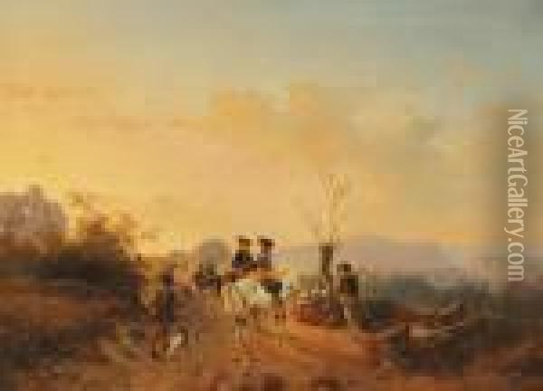 An Escorted Caravan At Dusk Oil Painting - Andreas Schelfhout