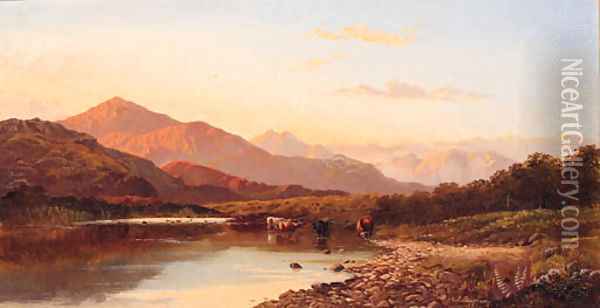 Cattle watering in a mountainous River Landscape Oil Painting - Francis Sydney Muschamp