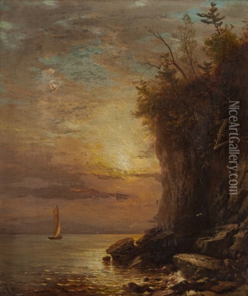 Atmospheric Coastal With Sailboat Oil Painting - Arthur Parton