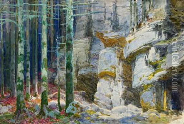 A Forest Interior With Rockformations Oil Painting - Peter Grabwinkler