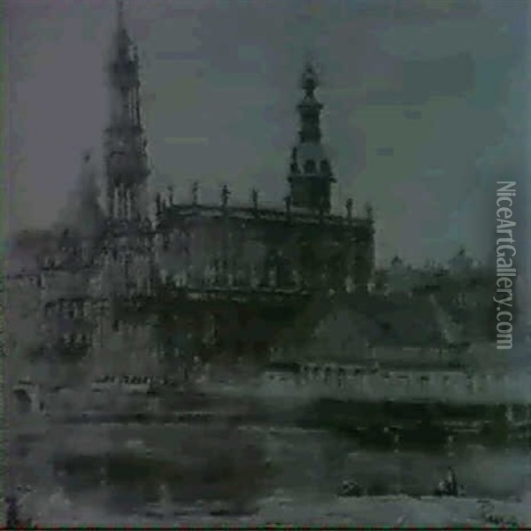 Blick Uber Die Elbe Auf Das Schloss, Die Hofkirche,         Standehaus Und Frauenkirche In Dresden Oil Painting - Alfred Renz