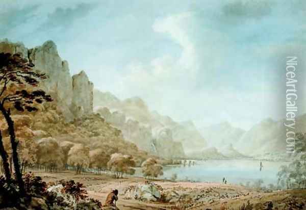 View of Derwent Water with a traveller resting in the foreground Oil Painting - Hugh William Williams