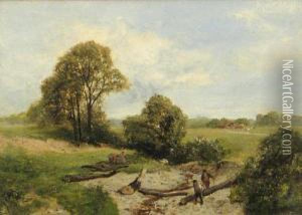Wood Gatherers In An Extensive Landscape Oil Painting - James Peel