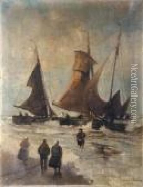 Segelboote Und Fischersleute Am Strand Oil Painting - German Grobe
