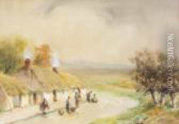 Figures Outside A Cottage Oil Painting - William Bingham McGuinness