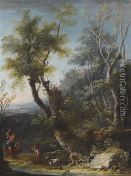 Wooded Landscape With Figures And A Dog In The Foreground, A Castle And City Beyond Oil Painting - Michele Pagano
