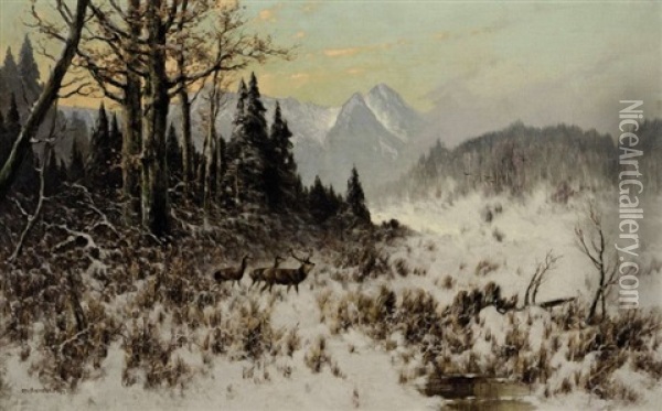 Hirsche In Winterlandschaft Oil Painting - Otto Scheuerer