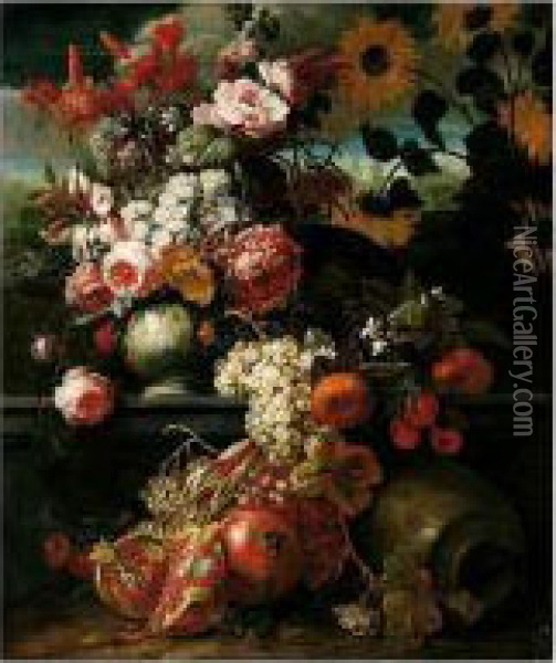 A Still Life Of Roses, Tulips, 
And Other Flowers In A Porcelain Vase, Together With Pomegranates, Plums
 And Grapes, In An Ornamental Landscape Oil Painting - Gaspar-pieter The Younger Verbruggen