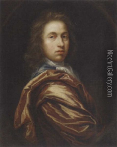 Portrait Of A Gentleman In A Blue Coat And Red Robe Oil Painting - John Hayls
