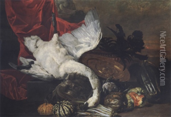 Elaborate Still Life With Fruits, Vegetables, A Salver And A Swan Before A Draped Pedestal, A Landscape Beyond Oil Painting - Pieter Boel