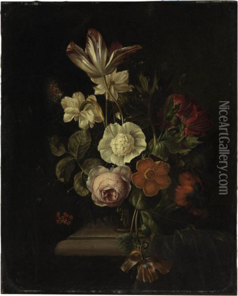 A Rose, Tulip, Carnation, Poppy And Other Flowers In A Vase On A Ledge, With A Butterfly Oil Painting - Rachel Ruysch