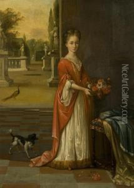 Portrait Of A Young Girl, Full-length, In A White Dress And Red Gown, Holding A Small Basket Of Flowers, Standing Before A Terrace Oil Painting - Mattheus Verheyden