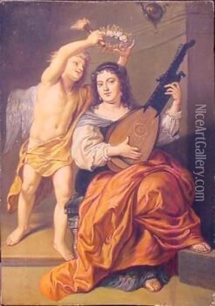 Allegory Of Music With Fame Crowning A Woman Playing A Throrba Oil Painting - Augustinus I Terwestenl Parodijsvogel