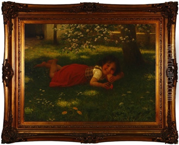 Mischief, A Little Girl Eating Bread Under A Tree Oil Painting - Carl Von Bergen