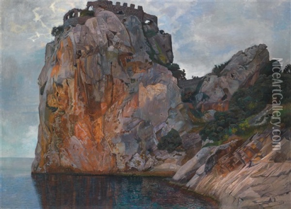 Burgruine Auf Felsen (die Hohenstaufenburg, Duino) Oil Painting - Karl Mediz