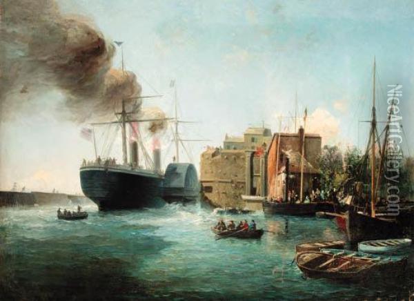 The American Paddle Steamer Adriatic Of The Collins Line Clearingher Moorings Oil Painting - Pieter Christiaan Cornelis Dommersen