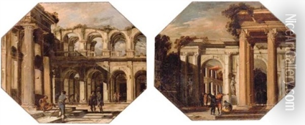 Figures Conversing Amongst Classical Colonnades (collab. W/domenico Gargiulo, Called Micco Spadaro + Another; Pair)) Oil Painting - Viviano Codazzi
