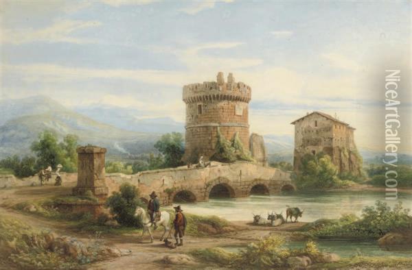 Peasants Before A Bridge In The Environs Of Rome Oil Painting - Franz Knebel