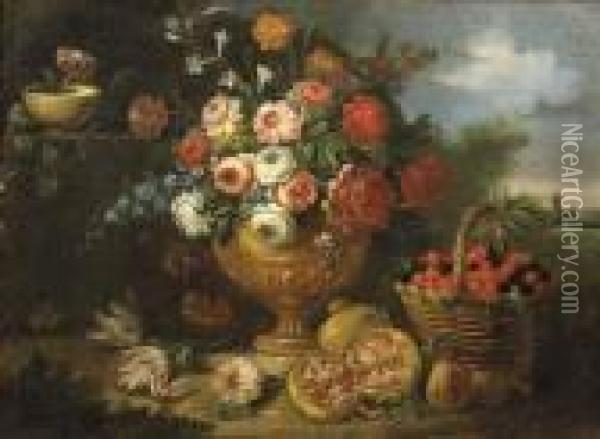 Mixed Flowers In A Vase With 
Cherries In A Basket, A Pomegranate And Flowers In A Landscape- An 
Overdoor Oil Painting - Jean-Baptiste Monnoyer