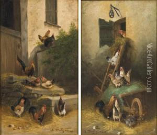 Poules Dans Une Basse-cour Oil Painting - Jules G. Bahieu