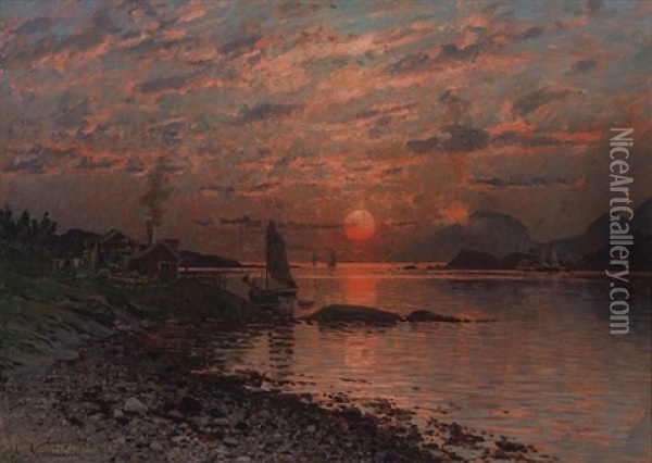 Solnedgang Ved Fjorden Oil Painting - Adelsteen Normann