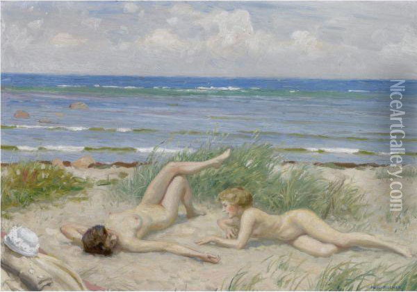 Piger Pa Stranden, Bastad (girls On The Beach, Bastad) Oil Painting - Paul-Gustave Fischer