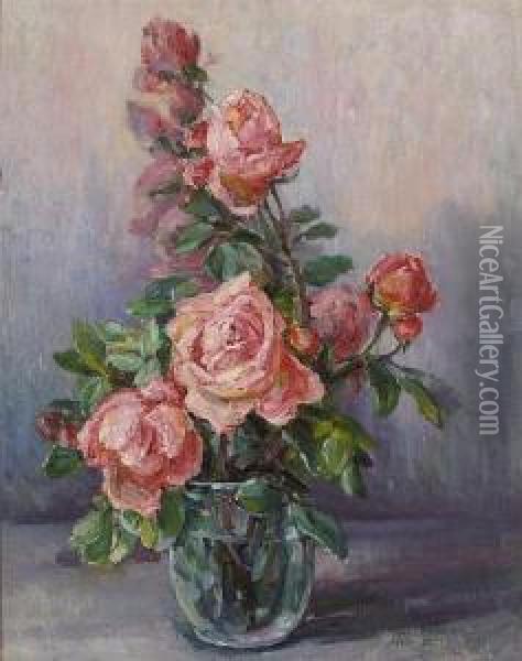 Pink Roses In A Vase Oil Painting - Mary Herrick Ross