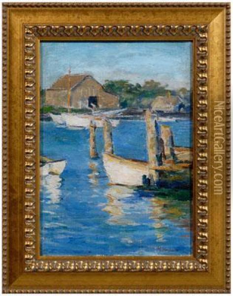 Boats Moored In A Harbor Oil Painting - Mabel May Woodward