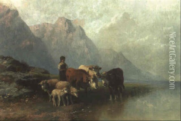 Eine Hirtin Mit Ihren Kuhen Und Schafen An Einem Gebirgssee Oil Painting - Christian Friedrich Mali