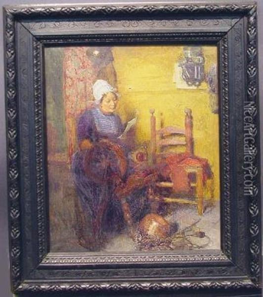 Woman At Her Spinning Wheel Oil Painting - Carl Duxa