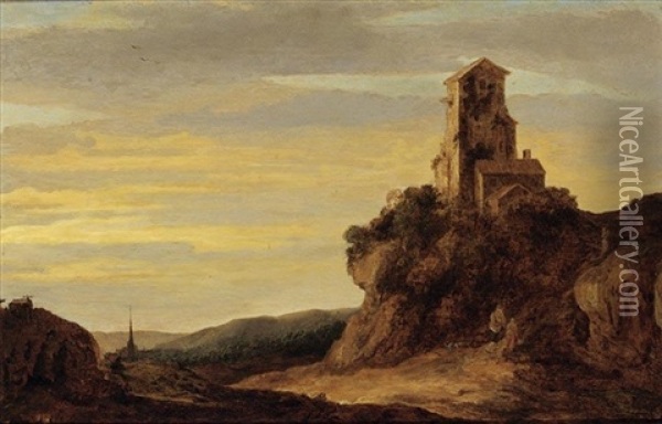 A Landscape With Figures Walking On A Path Towards A Ruin On A Hill, A Church Tower In The Background Oil Painting - Pieter De Molijn