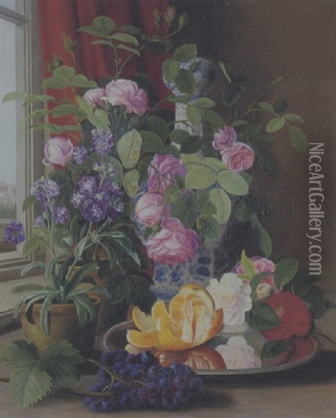 Opstilling Med Roser, Vase Og Fad Med Frugter I En Vindueskarm Oil Painting - Carl Vilhelm Balsgaard