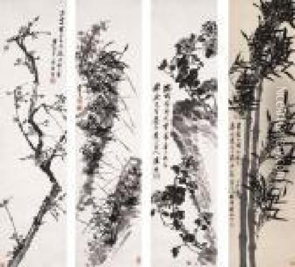 Prunus, Orchid, Chrysanthemum And Bamboo Oil Painting - Xiao Sun