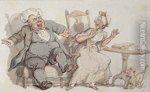 An Old Woman and her Dog Startled by Male Company Oil Painting - Thomas Rowlandson