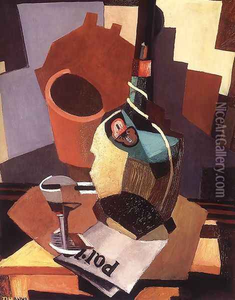Still-life with Bottle and Glass 1926-28 Oil Painting - Lajos Tihanyi