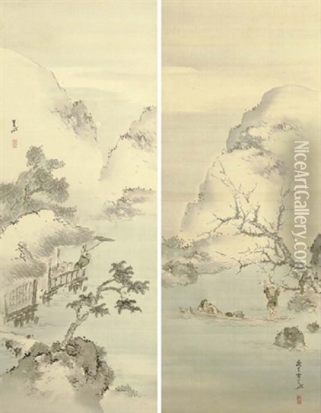 Chinese Scholars' Amusements In Spring And Autumn (pair) Oil Painting - Gantai Kishi