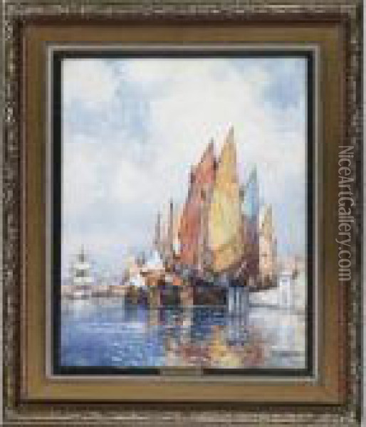 Boats At Anchor, Venice Oil Painting - Frederick James Aldridge