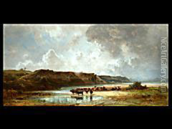 Kuhe Am Gewasser Vor Aufziehendem Gewitter Oil Painting - Eduard I Schleich