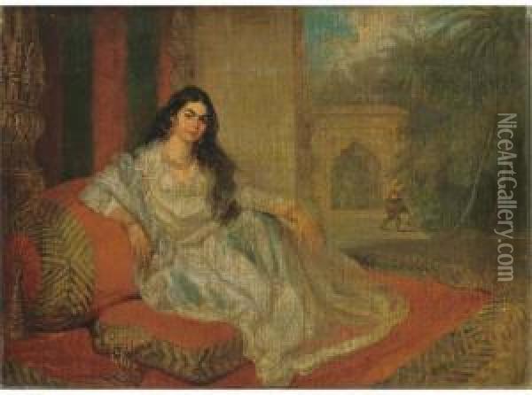 An Indian Woman Reclining On Bolsters On The Terrace Of A Lucknow Residence, A Stem Cup Of Jewels At Her Side, A Bihishti Laying The Dust Beyond Oil Painting - Charles Smith