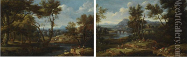 A Wooded River Landscape With Shepherds And Their Flock Resting In The Foreground, A Bridge Beyond Oil Painting - Jan Baptist Huysmans