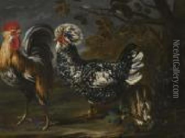 Rooster, Hen, Hare And Squirrel. Oil Painting - David de Coninck