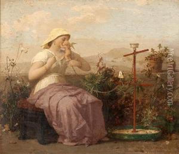 Woman In A Garden Playingwith Small Cherub Chained To A Feeder/post Oil Painting - Jean-Louis Hamon