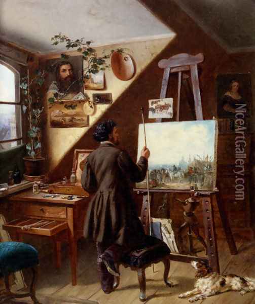 Painting Horses In The Studio, A Self Portrait Oil Painting - Gustav Adolf Friedrich