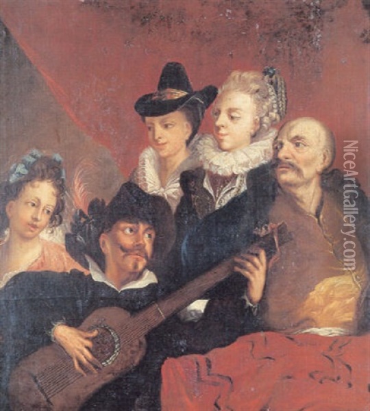 Musicerende Mand Omgivet Af Tre Kvinder Og En Tyrk Oil Painting - Benoit Coffre