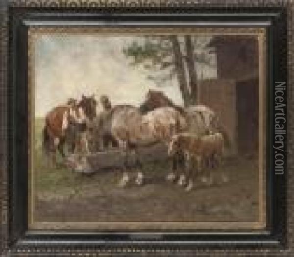 Horses Watering Oil Painting - Julius von Blaas