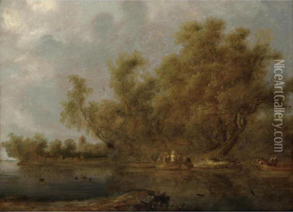 A River Landscape With Fishermen And Sportsmen In Boats, A Church Tower Beyond Oil Painting - Salomon van Ruysdael