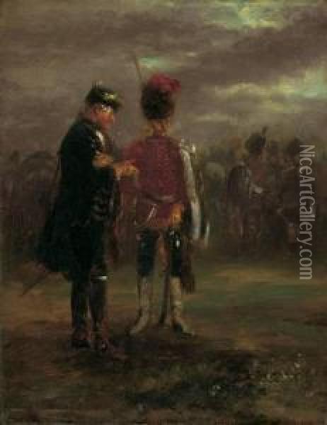Zwei Friderizianische Offiziere Im Gesprach Oil Painting - Adolph von Menzel